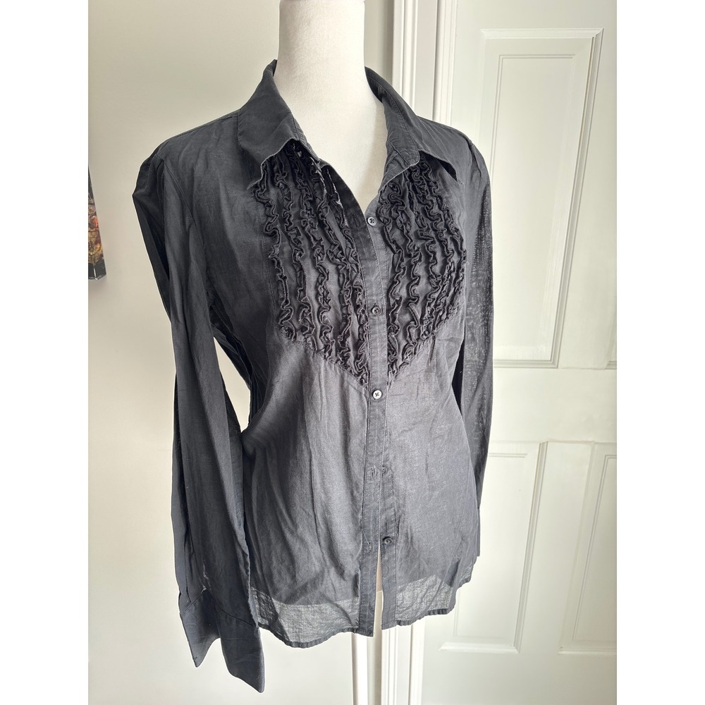 Express Design Studio Blouse Women Large Black Excellent Ruffle Bib Sheer Cotton